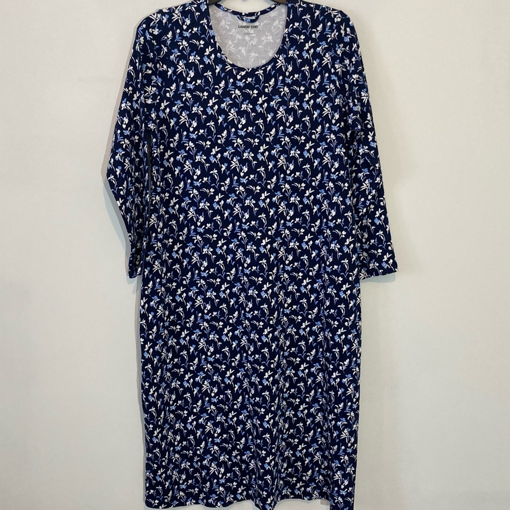 Lands' End Navy Blue Floral Long Sleeve Stretchy Cotton Pullover Dress Size LG